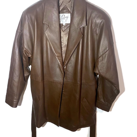 Remy Vintage Brown Buttery Soft Leather Belted Oversized Unisex Jacket, Med/Lg - Picture 5 of 16